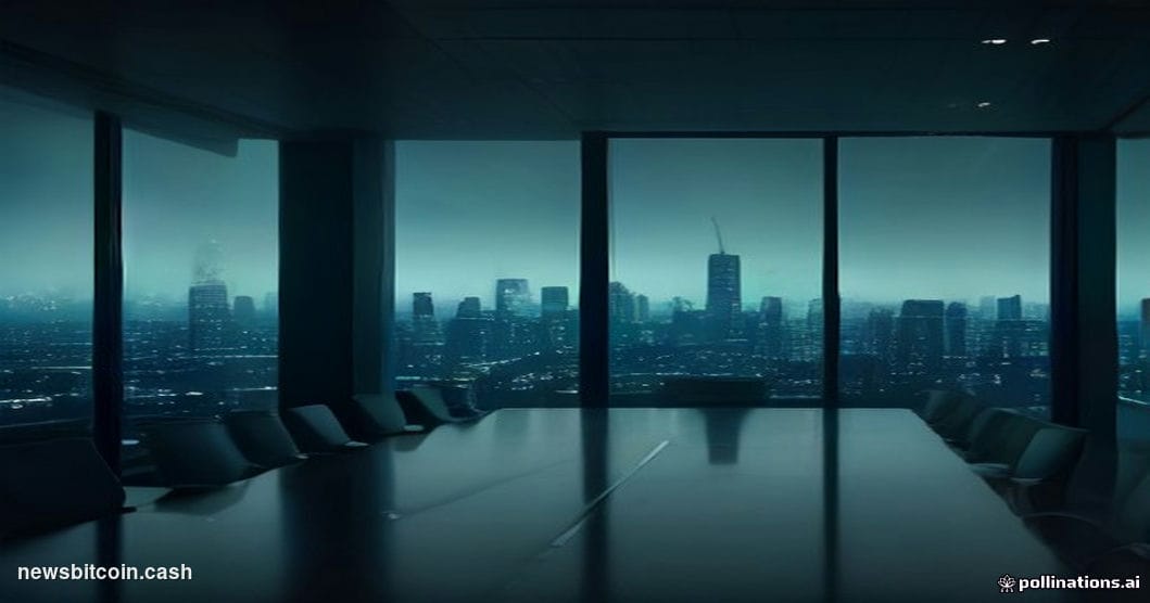 Cinematic photorealistic editorial photograph of a sleek, darkened financial district boardroom, shot from a low angle lookin