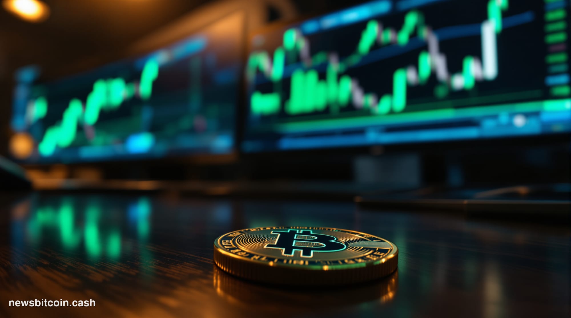 Cinematic photorealistic editorial photograph of a dramatic close-up of a physical XRP coin resting on a dark mahogany tradin