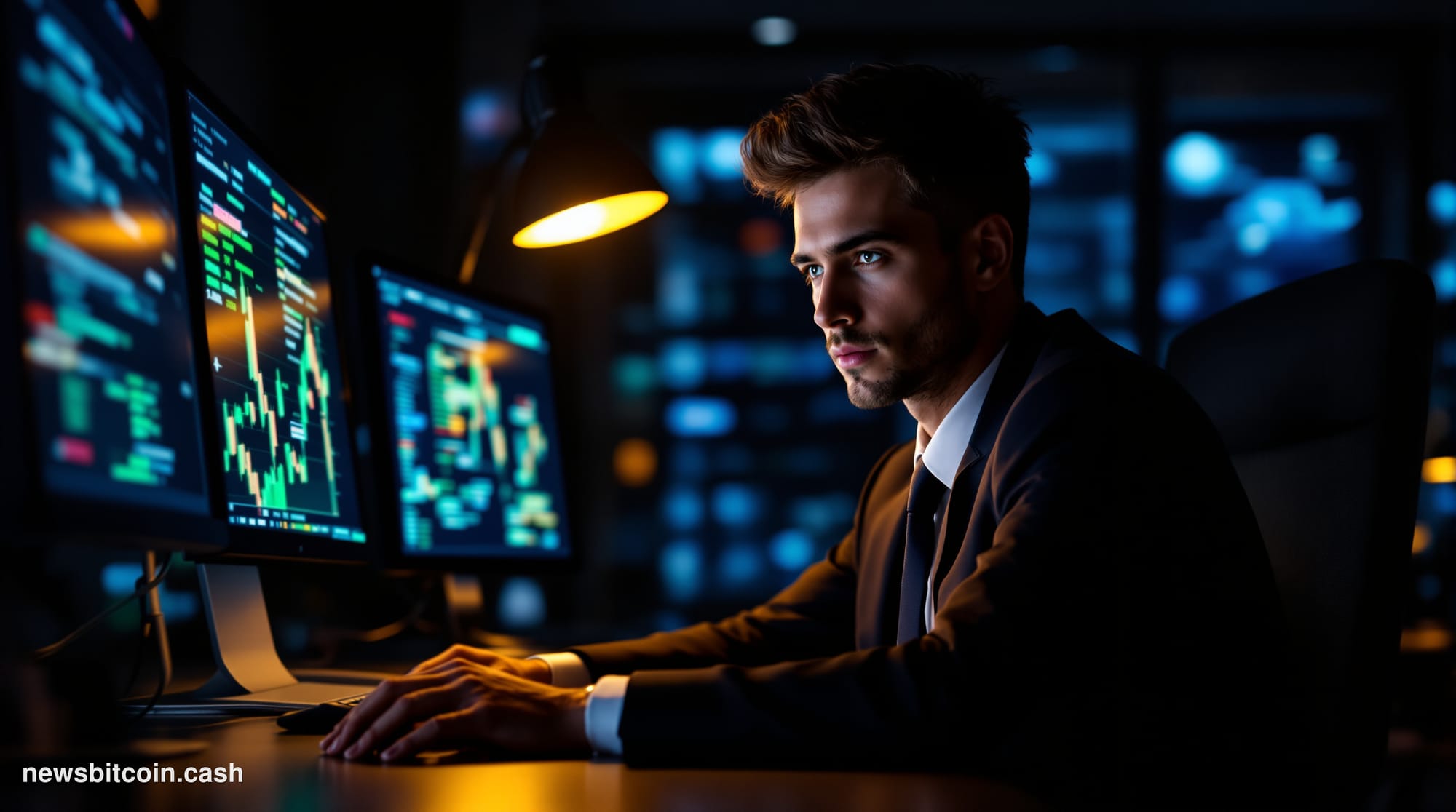 Cinematic photorealistic editorial photograph of a physical XRP coin resting on a worn trading floor desk, dramatically lit f