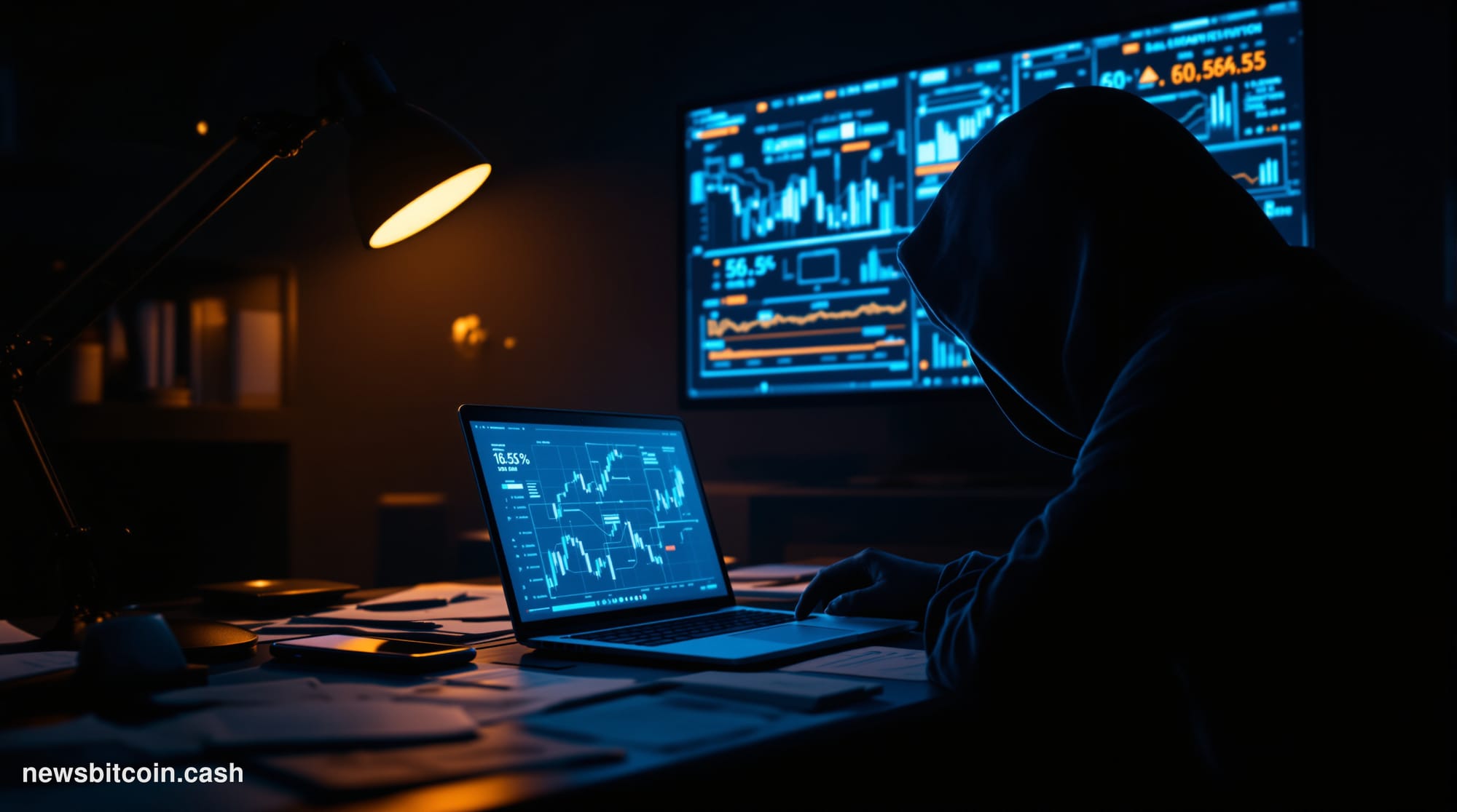 A cinematic photorealistic editorial photograph shot in a dim, blue-tinted room resembling a clandestine operations center in