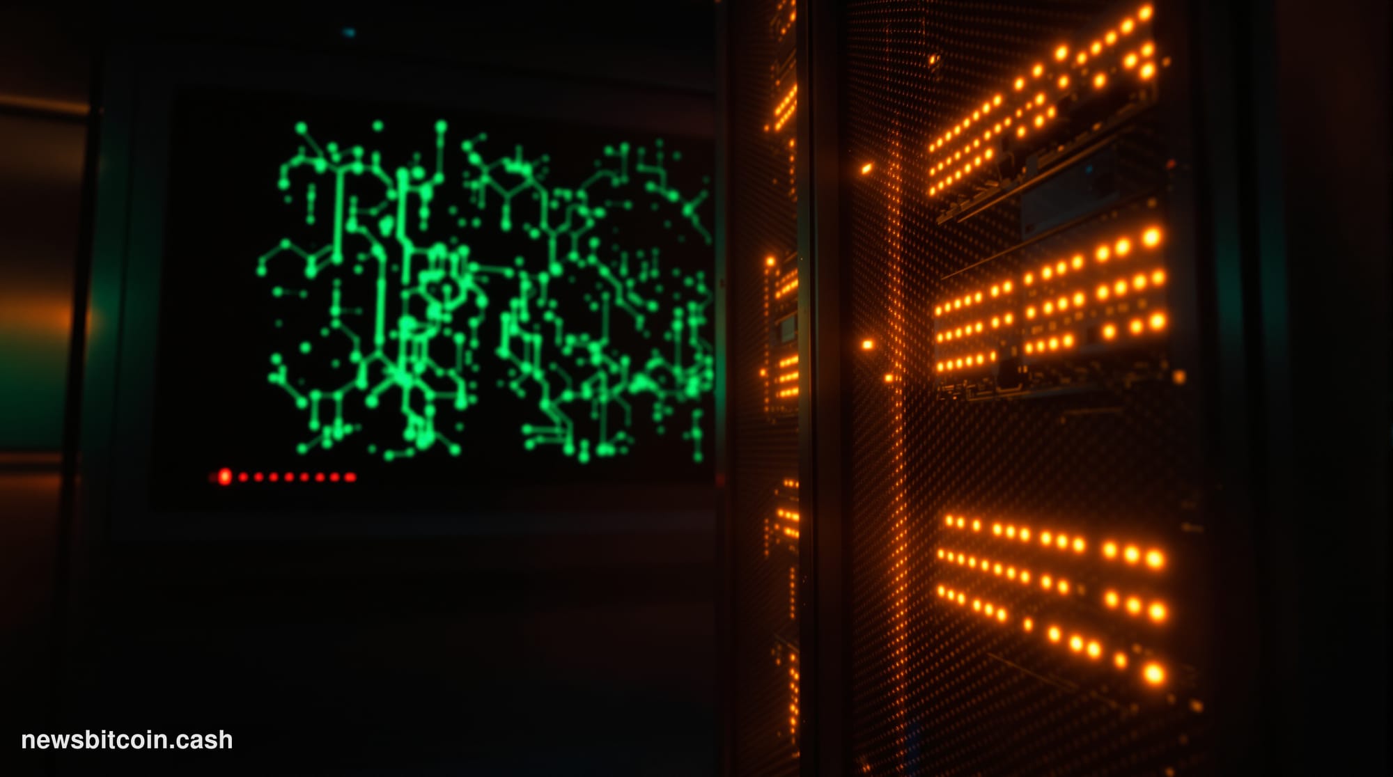 Cinematic photorealistic editorial photograph of a darkened server room with a single illuminated rack of blinking hardware i