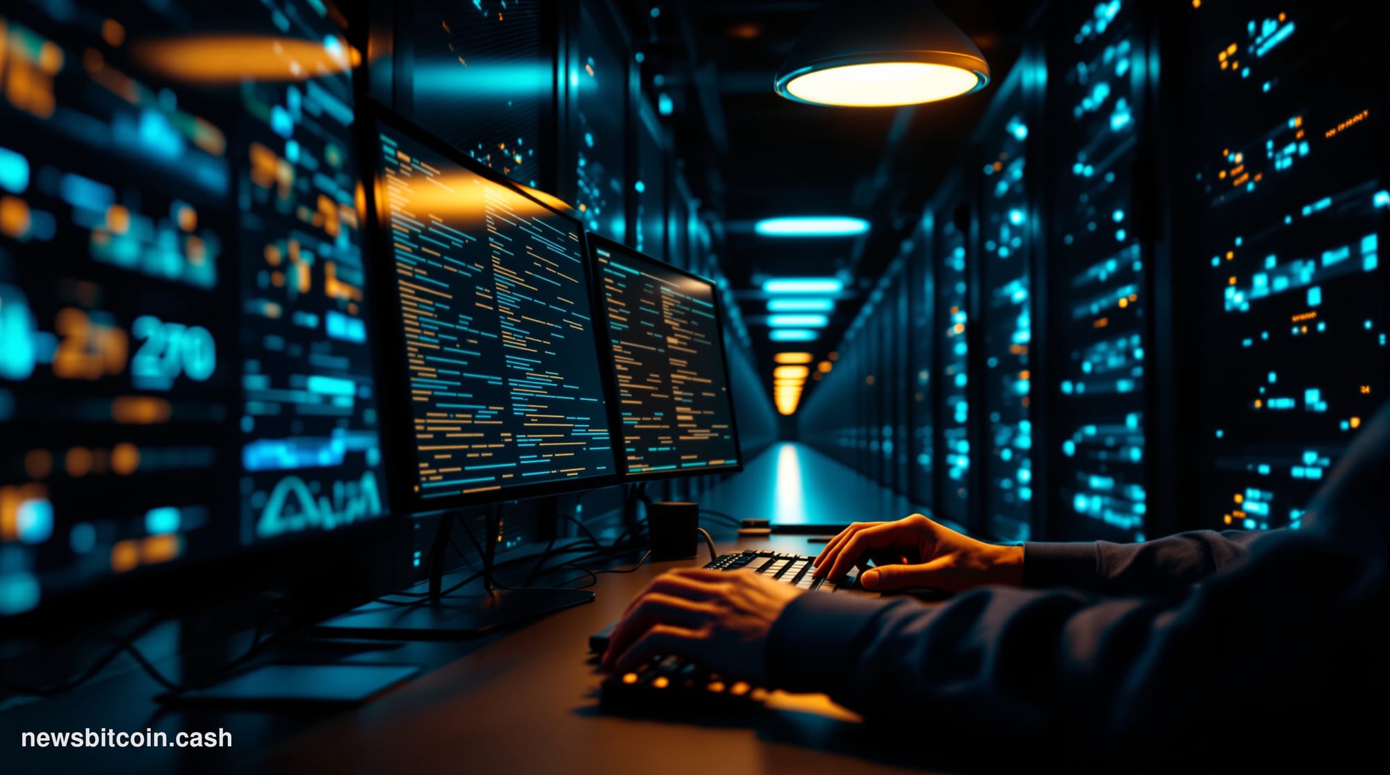 Cinematic photorealistic editorial photograph of a dimly lit data center corridor shot from a low angle, with server racks st