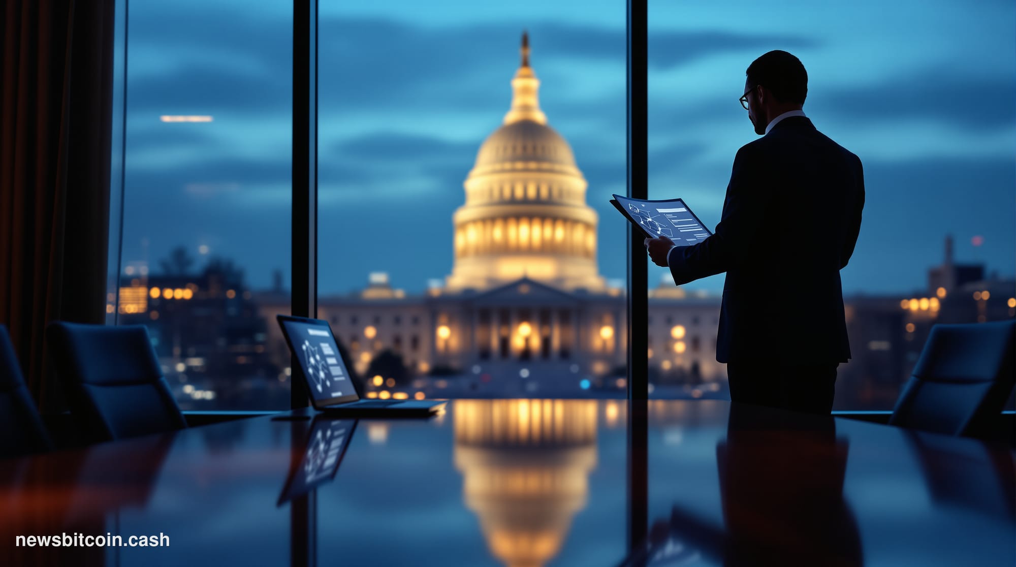 A cinematic photorealistic editorial photograph shot at dusk along Pennsylvania Avenue in Washington D.C., with the U.S. Capi