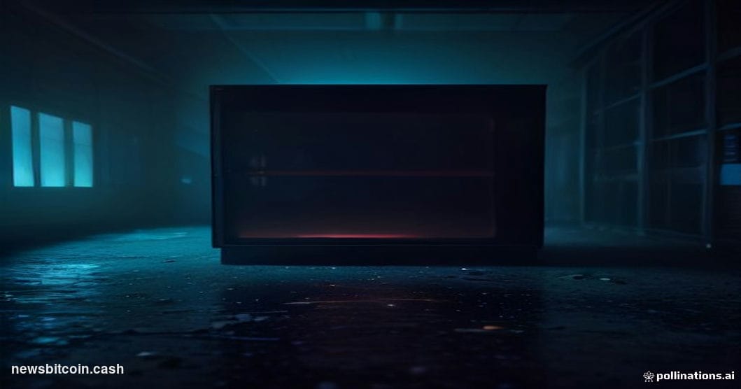 A cinematic photorealistic editorial photograph of a shattered digital padlock lying on a dark, wet server room floor, its br