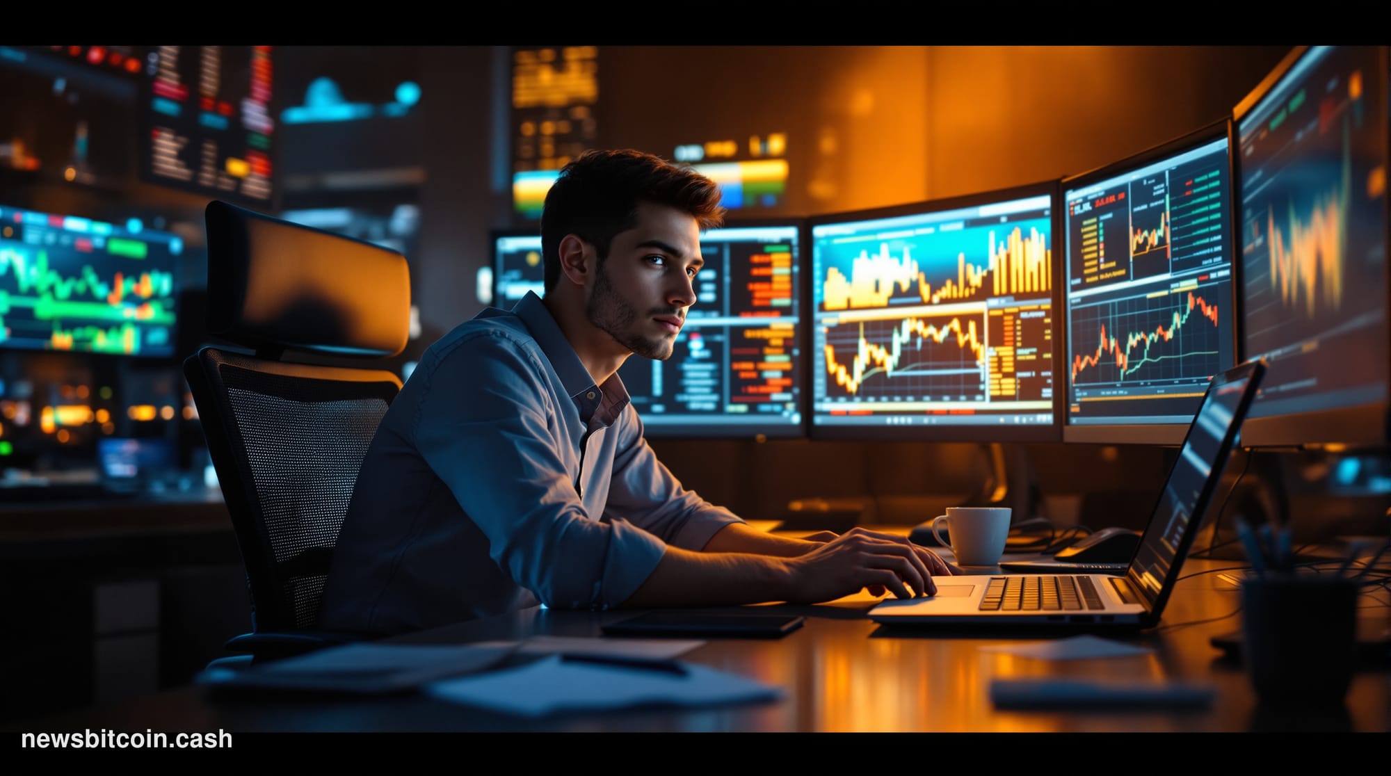 Cinematic photorealistic editorial photograph of a high-tech trading floor environment at night, with multiple curved ultrawi