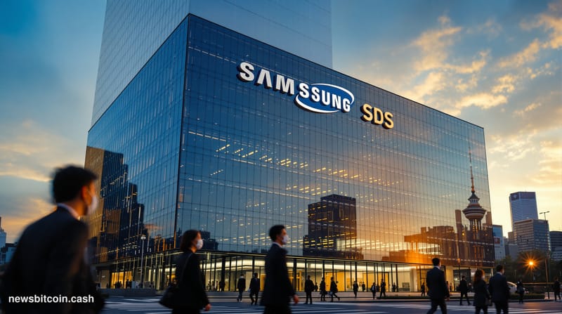 Cinematic photorealistic editorial photograph of Samsung SDS headquarters building in Seoul, South Korea, captured during gol