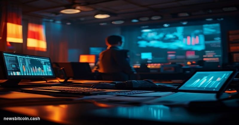 A cinematic photorealistic editorial photograph shot in a dimly lit government operations room, with a large teleprompter scr