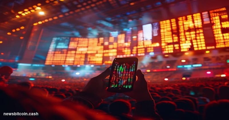 Cinematic photorealistic editorial photograph of a packed stadium interior bathed in golden floodlight, shot from a low-angle