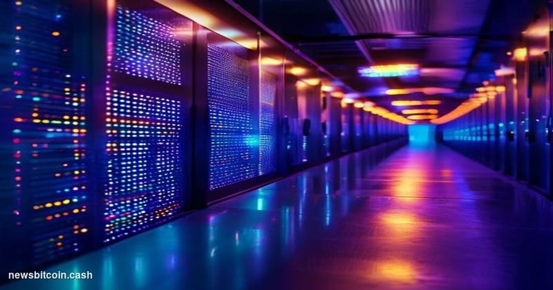 Cinematic photorealistic editorial photograph of a sleek, modern data center corridor bathed in deep violet and electric teal