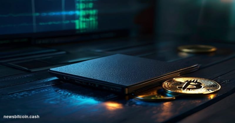 A cinematic photorealistic editorial photograph of a physical Coldcard hardware wallet device — matte black, credit-card size