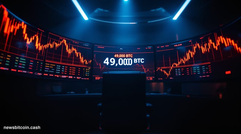 Cinematic photorealistic editorial photograph of a darkened cryptocurrency trading floor with multiple curved monitors displa