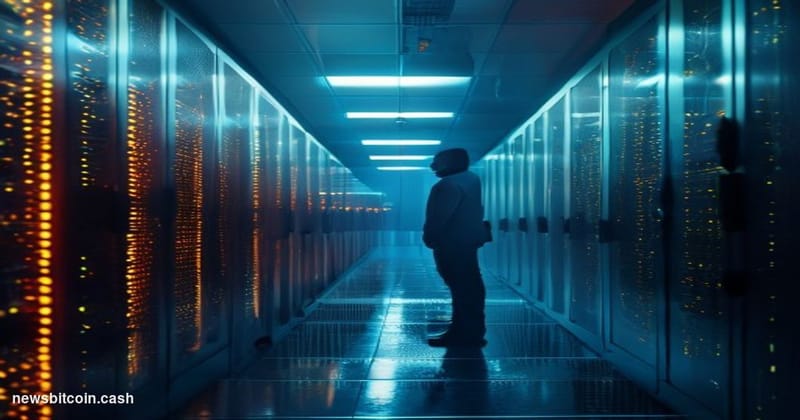 Cinematic photorealistic editorial photograph of a lone figure—silhouetted in a dark, high-ceilinged server room bathed in am