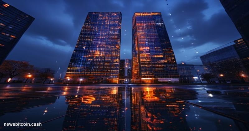 Cinematic photorealistic editorial photograph shot from a low angle looking up at two contrasting towers in a financial distr