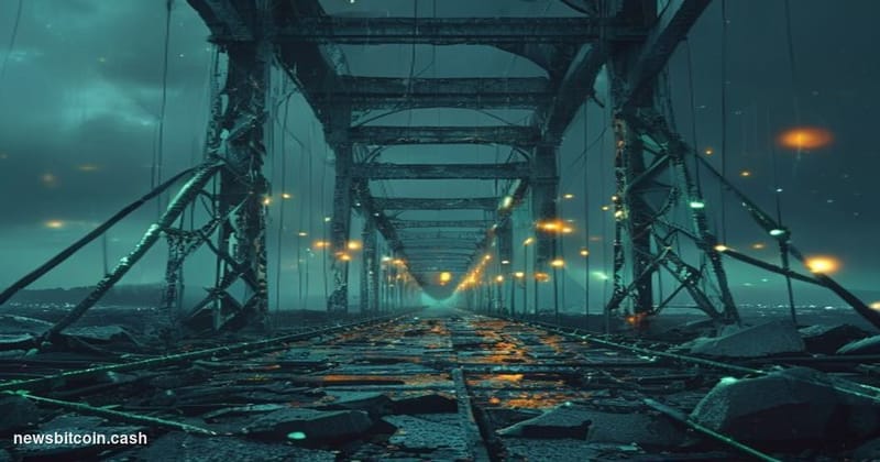 A cinematic photorealistic editorial photograph of a shattered digital bridge structure rendered as physical infrastructure —