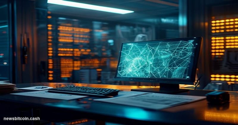 Cinematic photorealistic editorial photograph of a dimly lit high-security cryptography research lab, with a lone illuminated