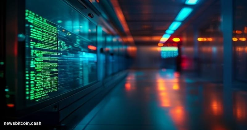 Cinematic photorealistic editorial photograph of a sleek, dimly lit server room corridor bathed in cool blue and amber emerge