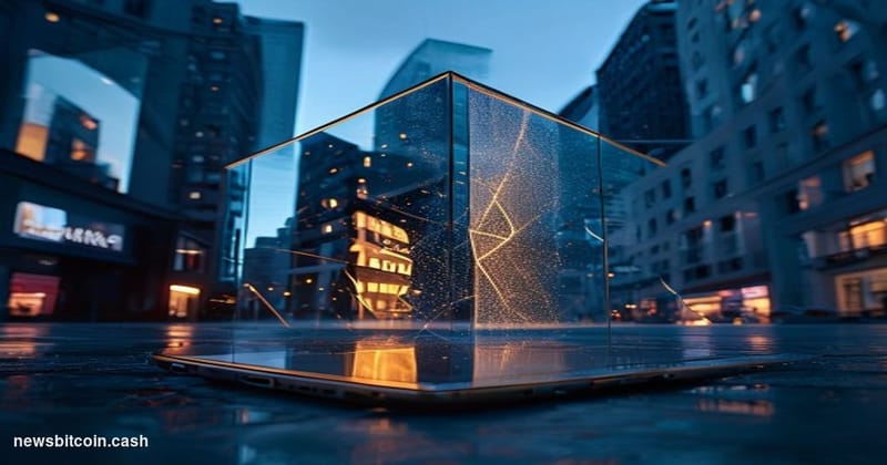Cinematic photorealistic editorial photograph of Apple's iconic glass-cube flagship retail store on Fifth Avenue, New York Ci