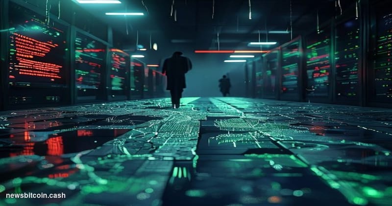 A cinematic photorealistic editorial photograph depicting the aftermath of a high-stakes digital heist in a modern cryptocurr