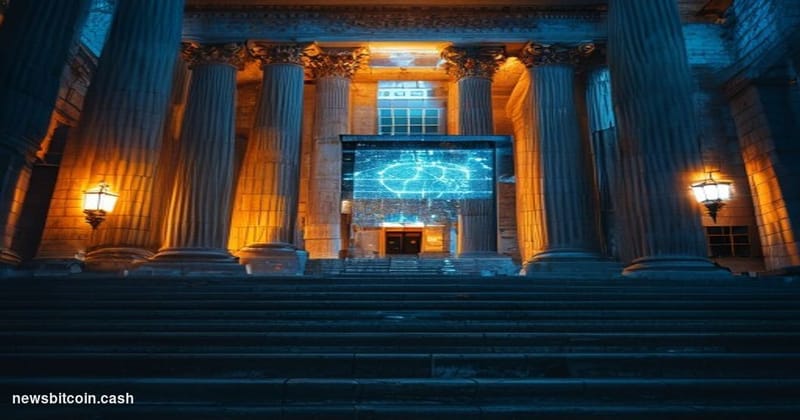 Cinematic photorealistic editorial photograph of the Palacio de Justicia courthouse in Buenos Aires, Argentina, shot at dusk 