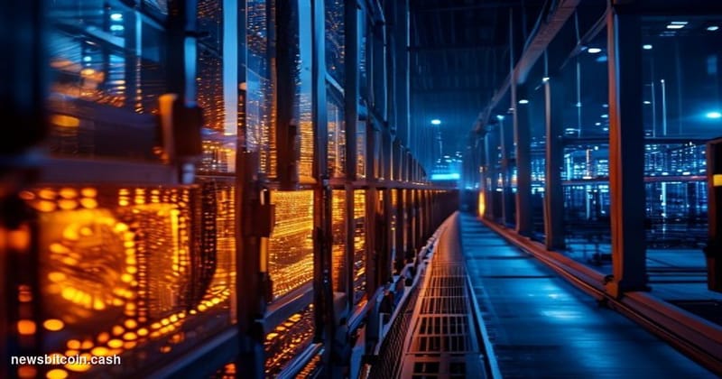 Cinematic photorealistic editorial photograph of a large-scale industrial Bitcoin mining facility at dusk, rows of ASIC minin
