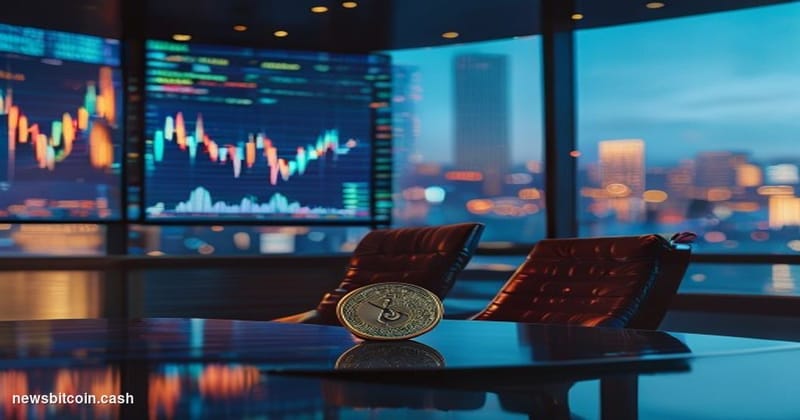 Cinematic photorealistic editorial photograph of a dramatic trading floor environment at dusk, bathed in cool blue and amber 