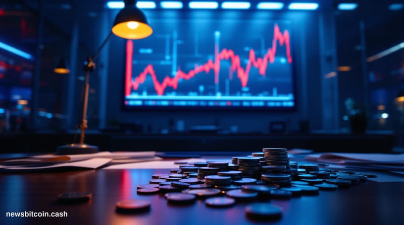 A cinematic photorealistic editorial photograph of a Nasdaq stock ticker display board inside a dimly lit financial trading e