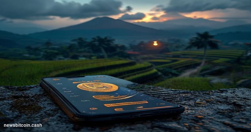 A cinematic photorealistic editorial photograph set at dusk in Bali, Indonesia, with the iconic terraced rice fields and dist