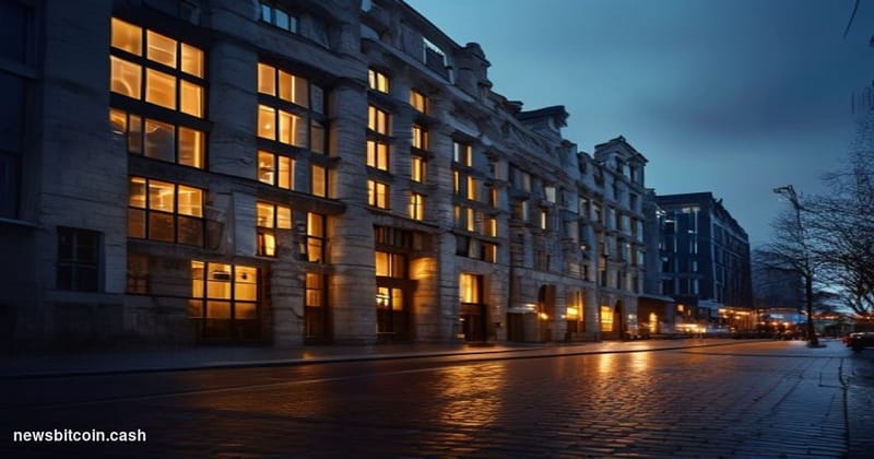 Cinematic photorealistic editorial photograph of the FSMA headquarters building in Brussels, Belgium, shot from a low angle a