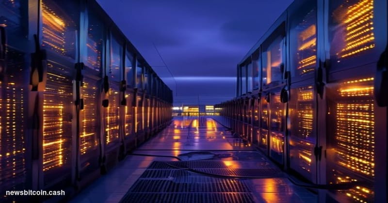 Cinematic photorealistic editorial photograph of a large-scale Bitcoin mining facility at dusk, shot from a low angle with ro