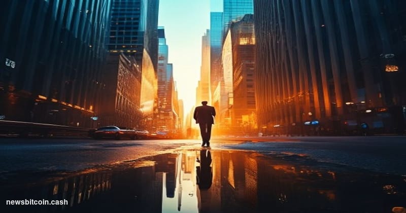 Cinematic photorealistic editorial photograph of Wall Street's iconic canyon of financial towers at dawn, dramatic low-angle 
