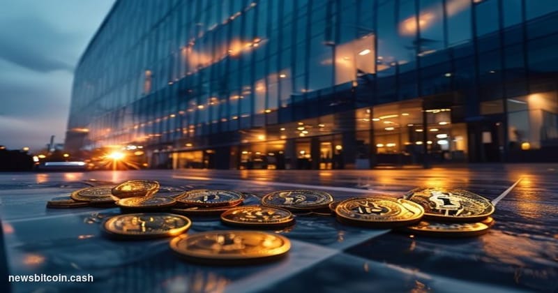Cinematic photorealistic editorial photograph of the Binance global headquarters exterior, shot at dusk with dramatic side li