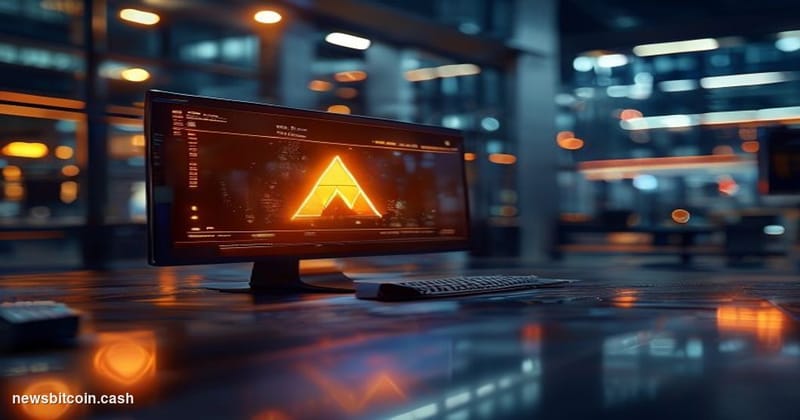Cinematic photorealistic editorial photograph of a Binance-branded corporate office environment in soft dramatic lighting, wi