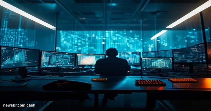 Cinematic photorealistic editorial photograph of a darkened cybersecurity operations center with multiple glowing monitors di