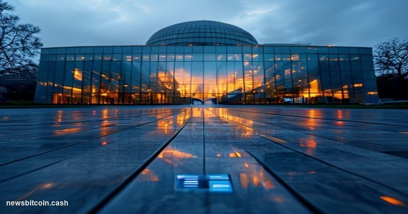 Cinematic photorealistic editorial photograph shot at a low angle looking up at a modern glass-and-steel federal regulatory b