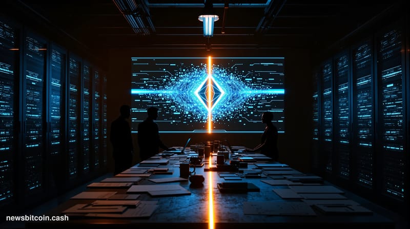 A cinematic photorealistic editorial photograph shot in dramatic low-key lighting inside a dimly lit server room with rows of