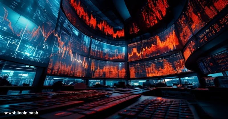 Cinematic photorealistic editorial photograph of a large cryptocurrency exchange trading floor, shot from a low angle looking