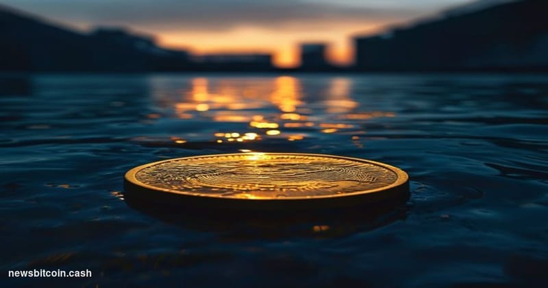 Cinematic photorealistic editorial photograph of a large illuminated Bitcoin gold coin symbol partially submerged at the bott