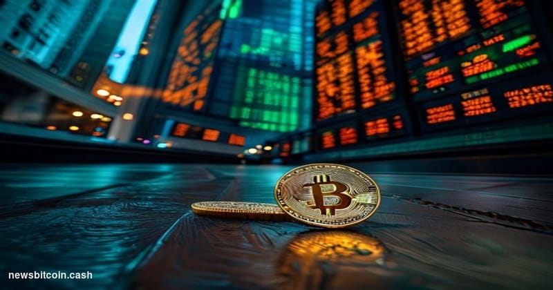 A cinematic photorealistic editorial photograph taken on the floor of the New York Stock Exchange, looking up at the iconic t