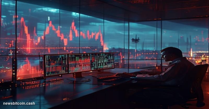 Cinematic photorealistic editorial photograph of a trader's desk in a dimly lit financial operations center, multiple monitor