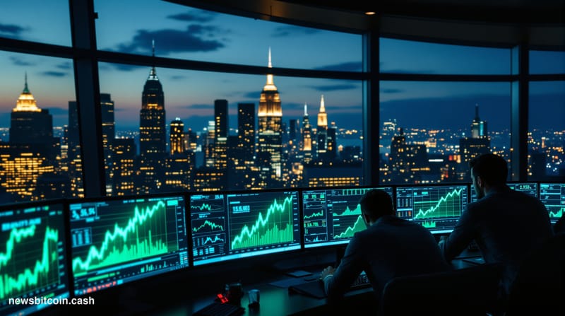 A cinematic photorealistic editorial photograph of a large financial trading floor with multiple curved screens displaying Bi