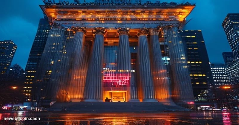 A dramatic wide-angle shot of lower Manhattan's financial district at dusk, with the New York Stock Exchange's neoclassical f