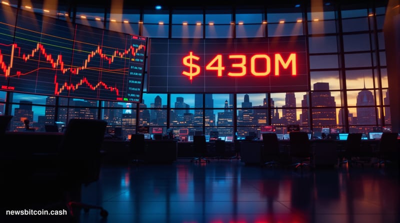 Cinematic photorealistic editorial photograph of a large financial trading floor, shot from a low angle looking up toward mas