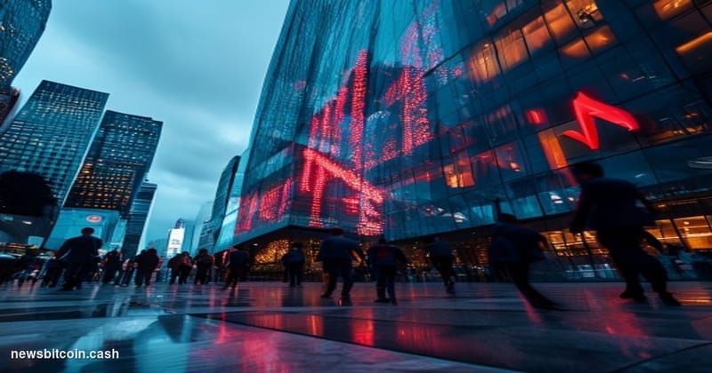 Cinematic photorealistic editorial photograph shot from a low angle looking up at the glass-and-steel facade of a major New Y