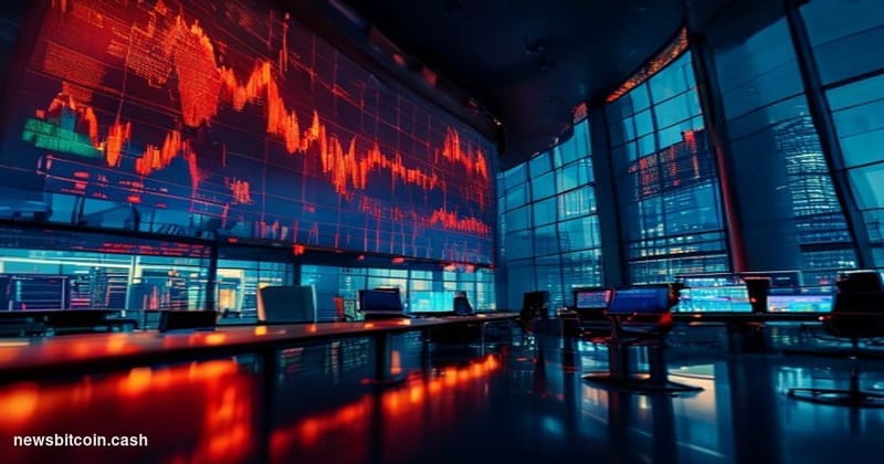 Cinematic photorealistic editorial photograph of a large financial trading floor in lower Manhattan, shot from a low angle lo