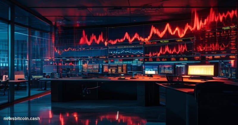 Cinematic photorealistic editorial photograph of a large financial trading floor in a darkened state — screens displaying red