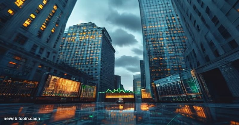 Cinematic photorealistic editorial photograph of the Wall Street financial district in lower Manhattan, shot from a low angle