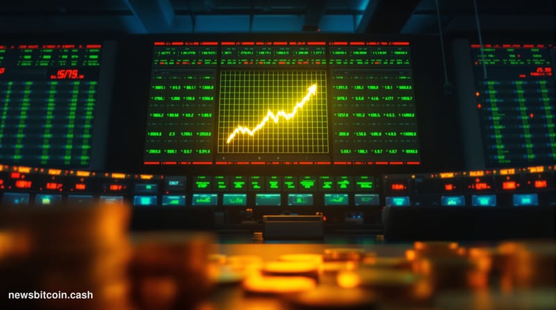 Cinematic photorealistic editorial photograph of a large financial trading floor — modeled on a major U.S. exchange venue lik