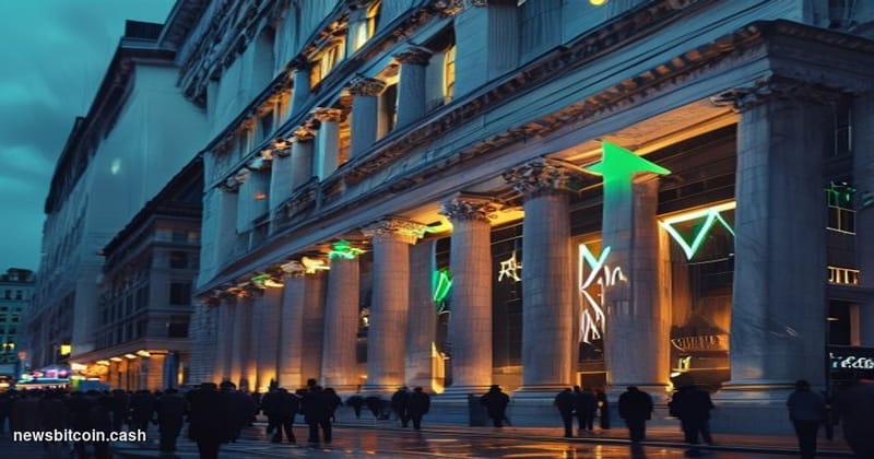 Cinematic photorealistic editorial photograph of the New York Stock Exchange building facade on Wall Street, shot from a low 
