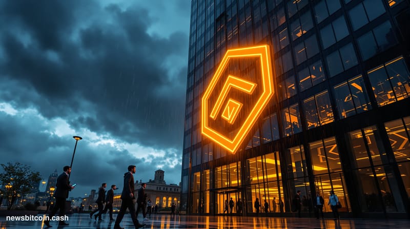 Cinematic photorealistic editorial photograph of a large illuminated Bitcoin symbol mounted on a dark glass financial distric