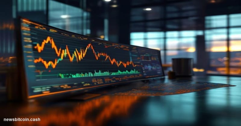 Cinematic photorealistic editorial photograph of a large curved trading terminal screen displaying a Bitcoin price chart with